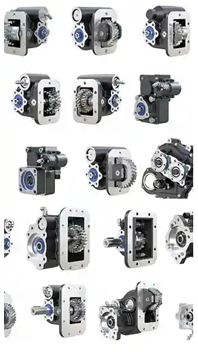Beyaz arka plan üzerinde izole edilmiş; endüstriyel dişli kutuları, güç aktarım üniteleri ve motor montaj bileşenlerinden oluşan kapsamlı bir kataloğun yüksek kaliteli, teknik 3D görselleştirmesi.