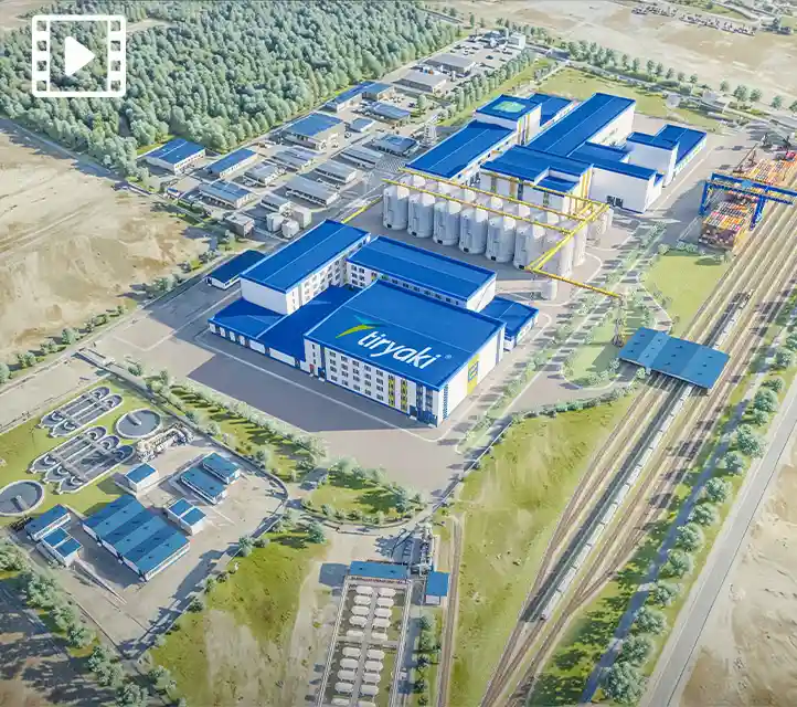 Kazakistan'da hayata geçirilmesi planlanan büyük ölçekli tahıl ve un işleme tesisinin genel mimari yapısını ve lojistik organizasyonunu görselleştirmektedir.