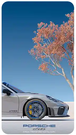 Otomotiv sektoru ve ust duzey gorsellestirme projeleri icin hazirlanmis, Porsche 718 Cayman GT4 RS modelinin detayli ve estetik 3d render calismasidir. Gorsel, minimalist beyaz mimari bir duvar ve yaninda yer alan turuncu yaprakli dekoratif bir agac (ornamental tree) onunde, yan profil (side profile) acisindan konumlandirilmis gumus rengi (silver) bir otomobili sunmaktadir. Arac, mavi renkli hafif alasim jantlar, sari fren kaliperleri ve GT4 RS serisine ozgu aerodinamik detaylar (rear wing, side air intakes) ile yuksek teknik hassasiyetle modellenmistir. Arka plandaki keskin mavi gokyuzu ve mimari duvar, aracin formunu ve yansimalarini vurgulayan temiz bir stüdyo atmosferi yaratmaktadir. Alt kisimda 