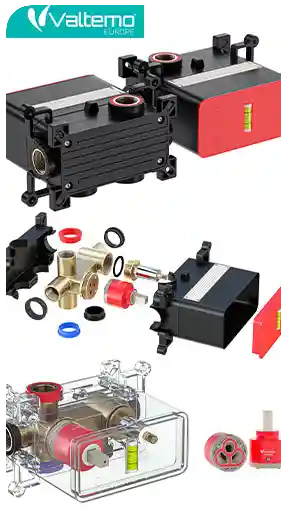 Valtemo gizli tip ankastre duş bataryası gövdesinin; parçaların ayrılmış görünümü (exploded view) ve su akış mekanizmasını gösteren, yüksek kaliteli 3D görselleştirmesi ve teknik animasyonlu detaylı sunumu.